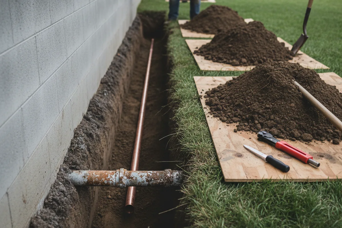 Excavated water line trench during Sewer Line Repair in Royse City